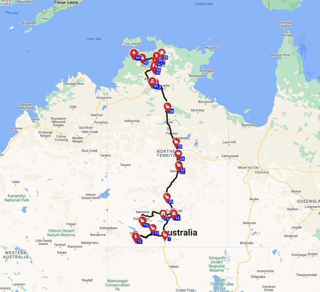 Map for Alice Springs to Darwin - A Nature and Culture Adventure